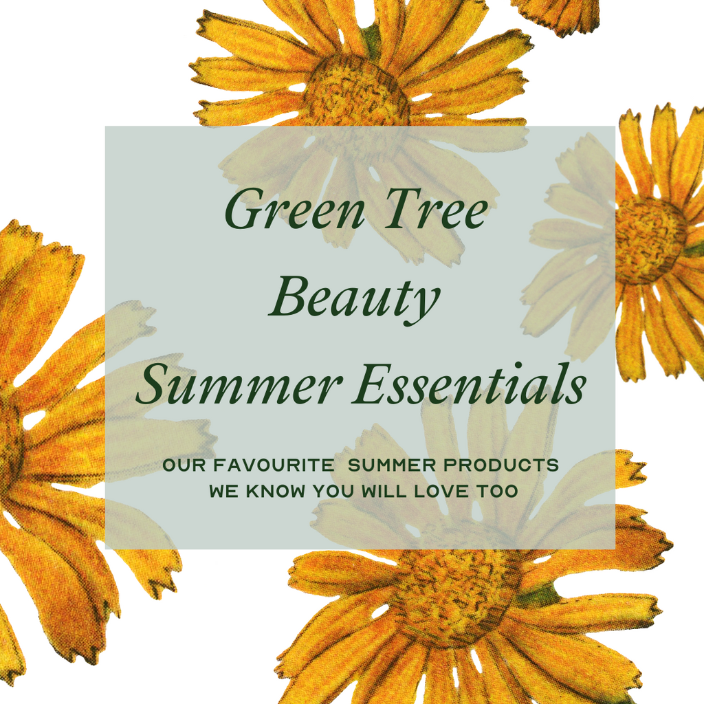 Text Green Tree Beauty Summer Essentials with Sunflower backgroun