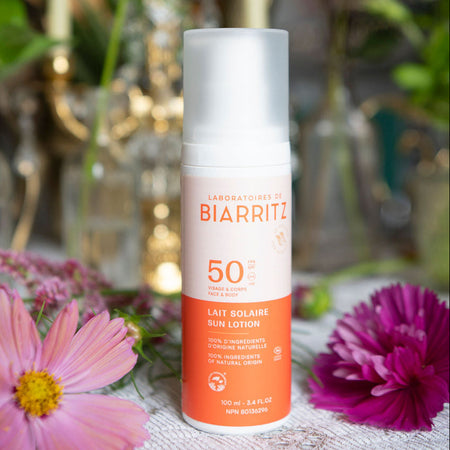 A bottle of Biarriti Late Solarie Sun Lotion SPF 50 sunscreen