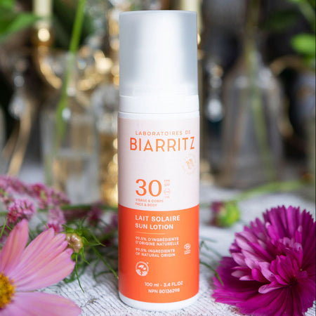 A bottle of Laboratoires de Biarritz 30 sunscreen lotion