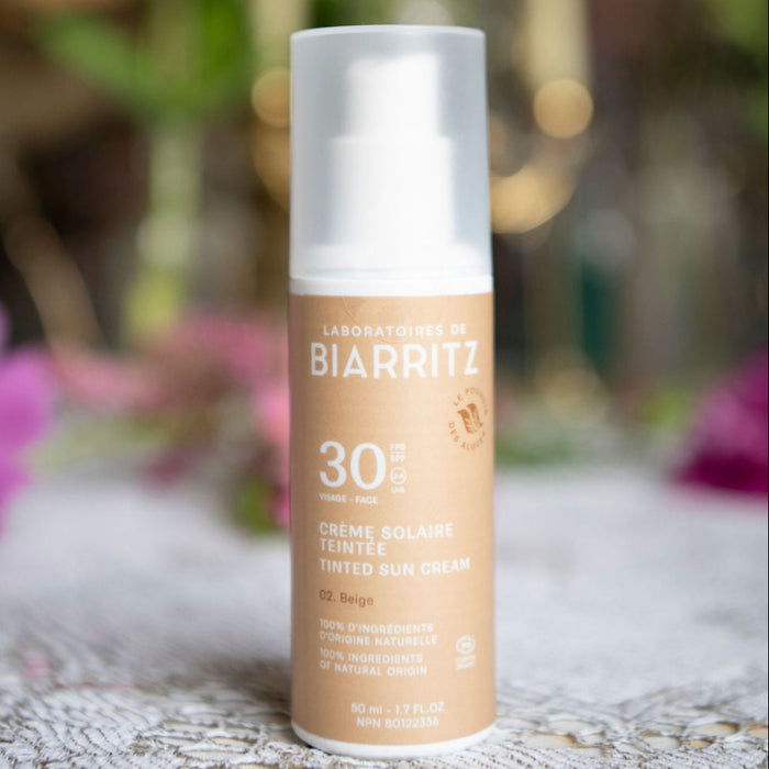 A bottle of Laboratoires de Biarritz 30spf sunscreen tinted sun cream