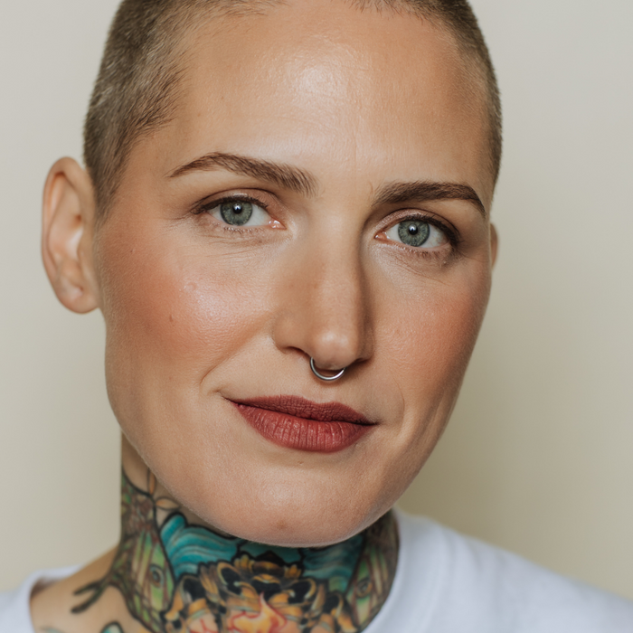 Model wearing Elate Cosmetics LipColour Pencil in Immerse, natural, clean, zero waste, sustainable, vegan cosmetics