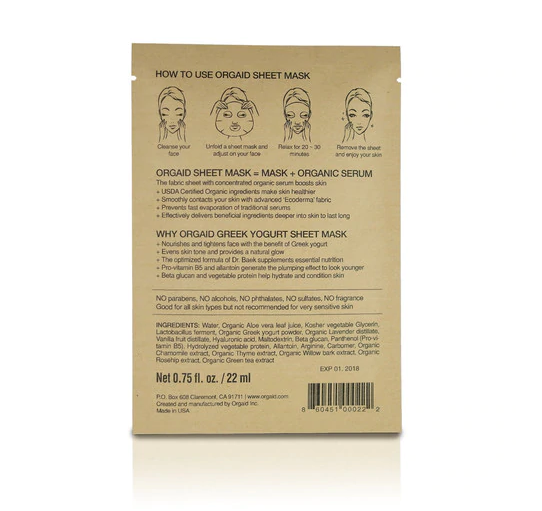 ORGAID Sheet Mask - Greek Yogurt & Nourishing package back view