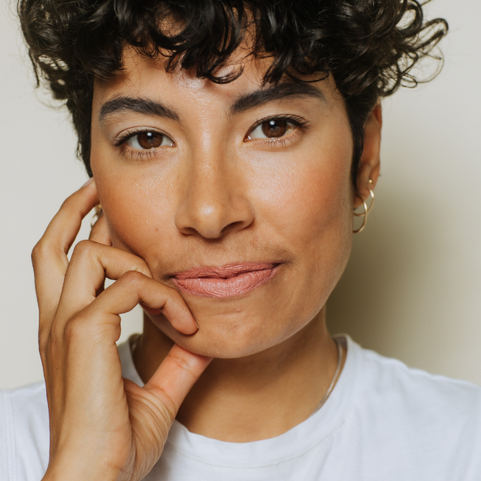 Model wearing Elate Cosmetics LipColour Pencil in Serene, natural, clean, zero waste, sustainable, vegan cosmetics
