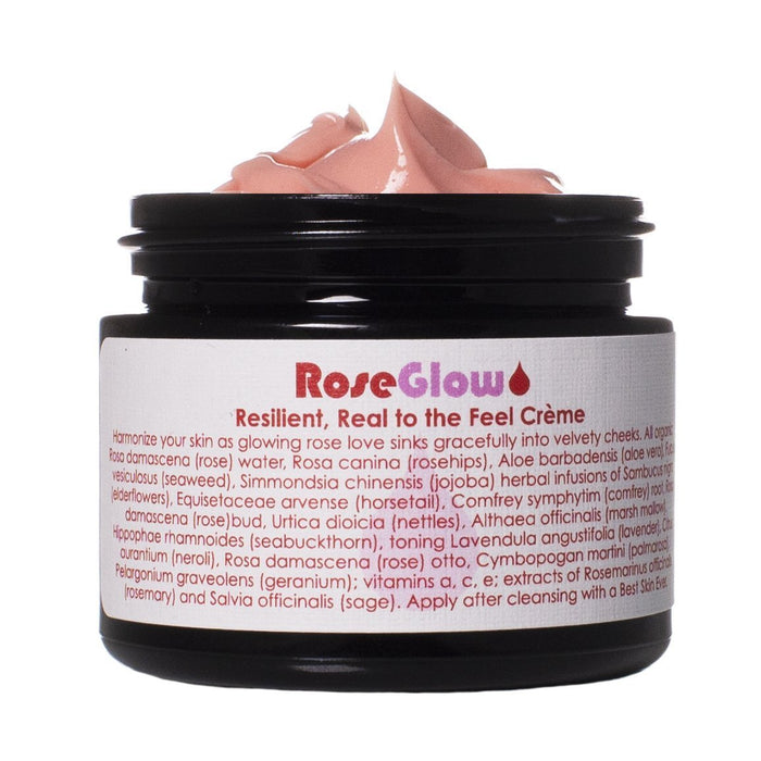 Living Libations - Rose Glow Crème with lid off, Made in Canada, Cruelty Free Skincare, Natural Skincare