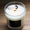 top view of lit luxury waxing moon crystal infused soy intention candle